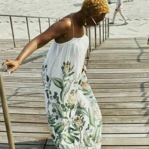 H&M Voluminous Linen Blnd Palm Leaf Print Midi Summer Smock Dress size S